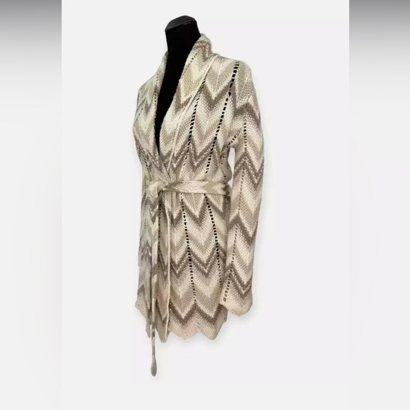 Lucky Brand Chevron Alpaca Wool Blend Crochet Knit Belted Pointelle Cardigan Med - Picture 1 of 15